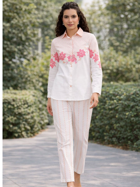Women Stylish Printed White Shirt And Pants Set