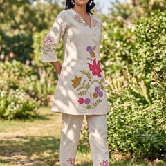 Beige Silk Embroidered Collar Neck Co-Ord Set