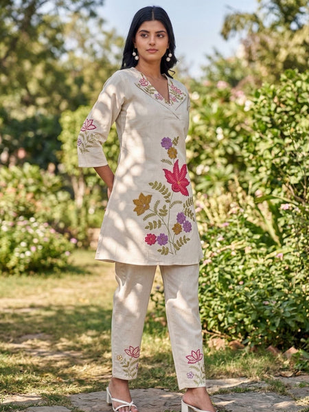 Beige Silk Embroidered Collar Neck Co-Ord Set
