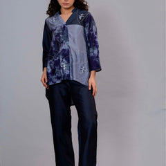 Stylish Navy Blue Satin Tie-Dye Embroidered Co-Ord Set