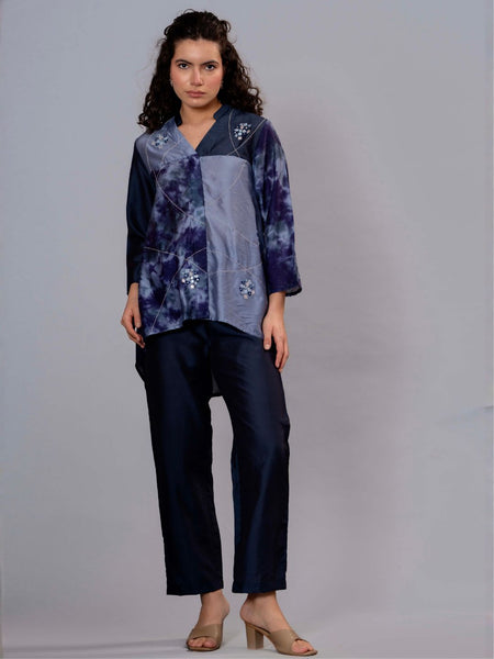 Stylish Navy Blue Satin Tie-Dye Embroidered Co-Ord Set