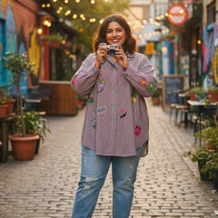 Women Striped Embroidered Patch Casual Shirt
