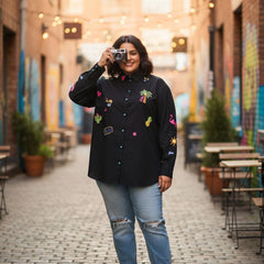 Women Black Embroidered Casual Cotton Shirt