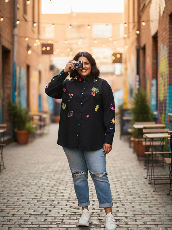 Women Black Embroidered Casual Cotton Shirt