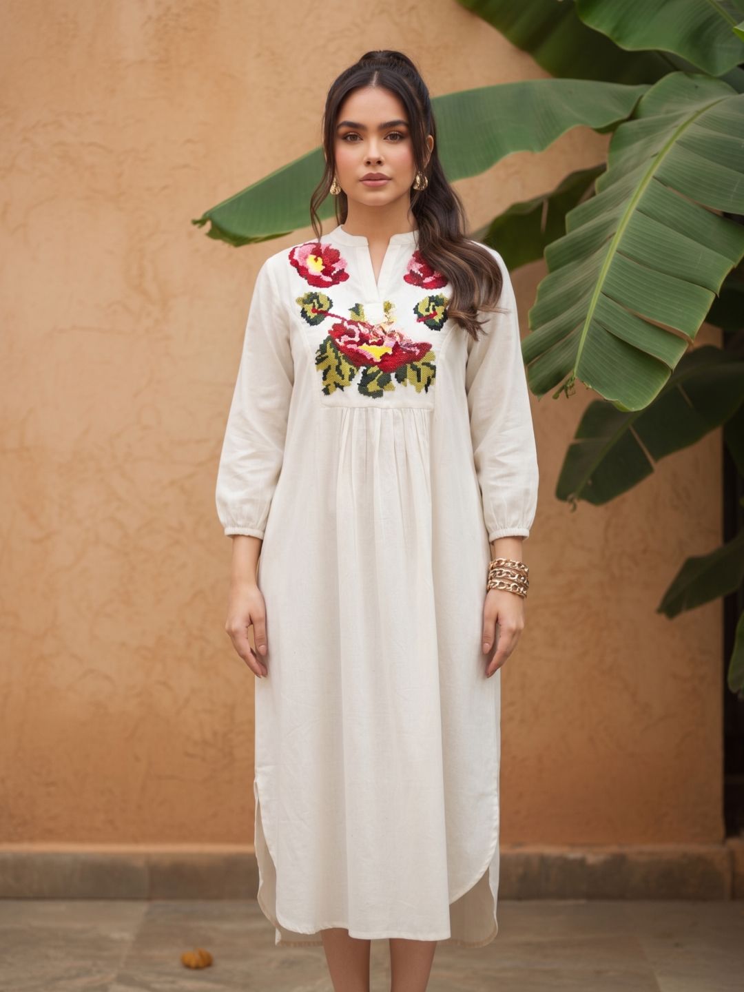 Off-White Floral Embroidered A-Line Midi Kurta Dress