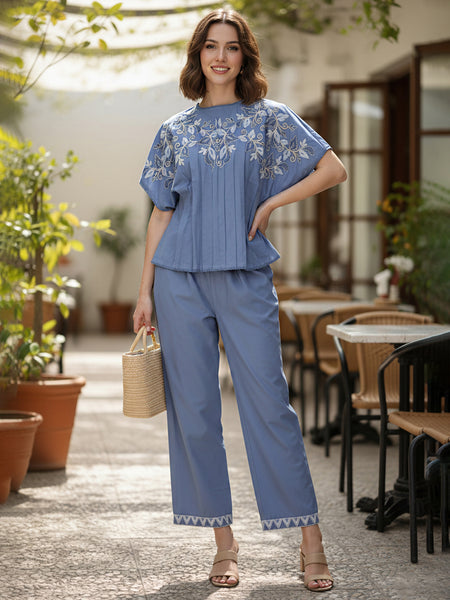 Serene Blue Cotton Embroidered Co-ord Set