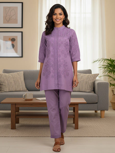 Purple Love Embroidered Co -ord Set