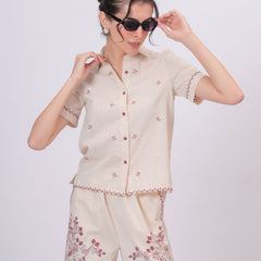 Blush Pink Embroidery Beige Cotton Co-ord Set