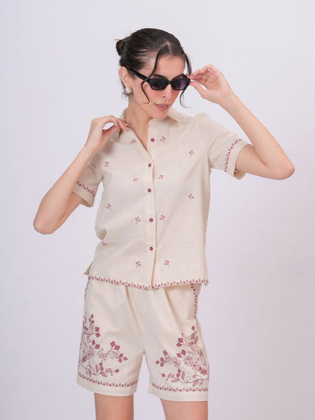 Blush Pink Embroidery Beige Cotton Co-ord Set