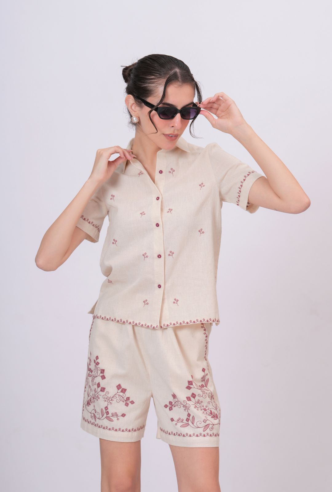 Blush Pink Embroidery Beige Cotton Co-ord Set