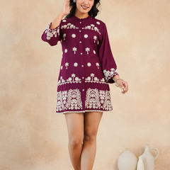 Maroon Embroidered Rayon Midi Dress