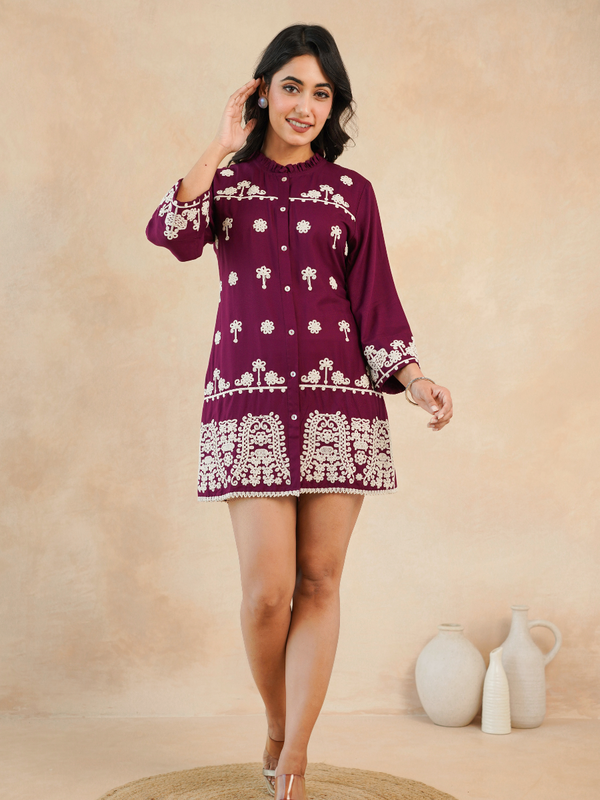 Maroon Embroidered Rayon Midi Dress