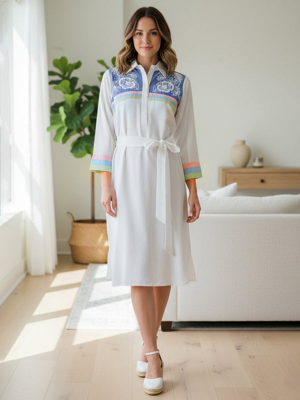 White Embroidered Tencel Midi Dress with Collar Neck