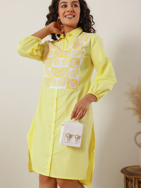 Sunshine Yellow Cotton Embroidered Shirt Dress