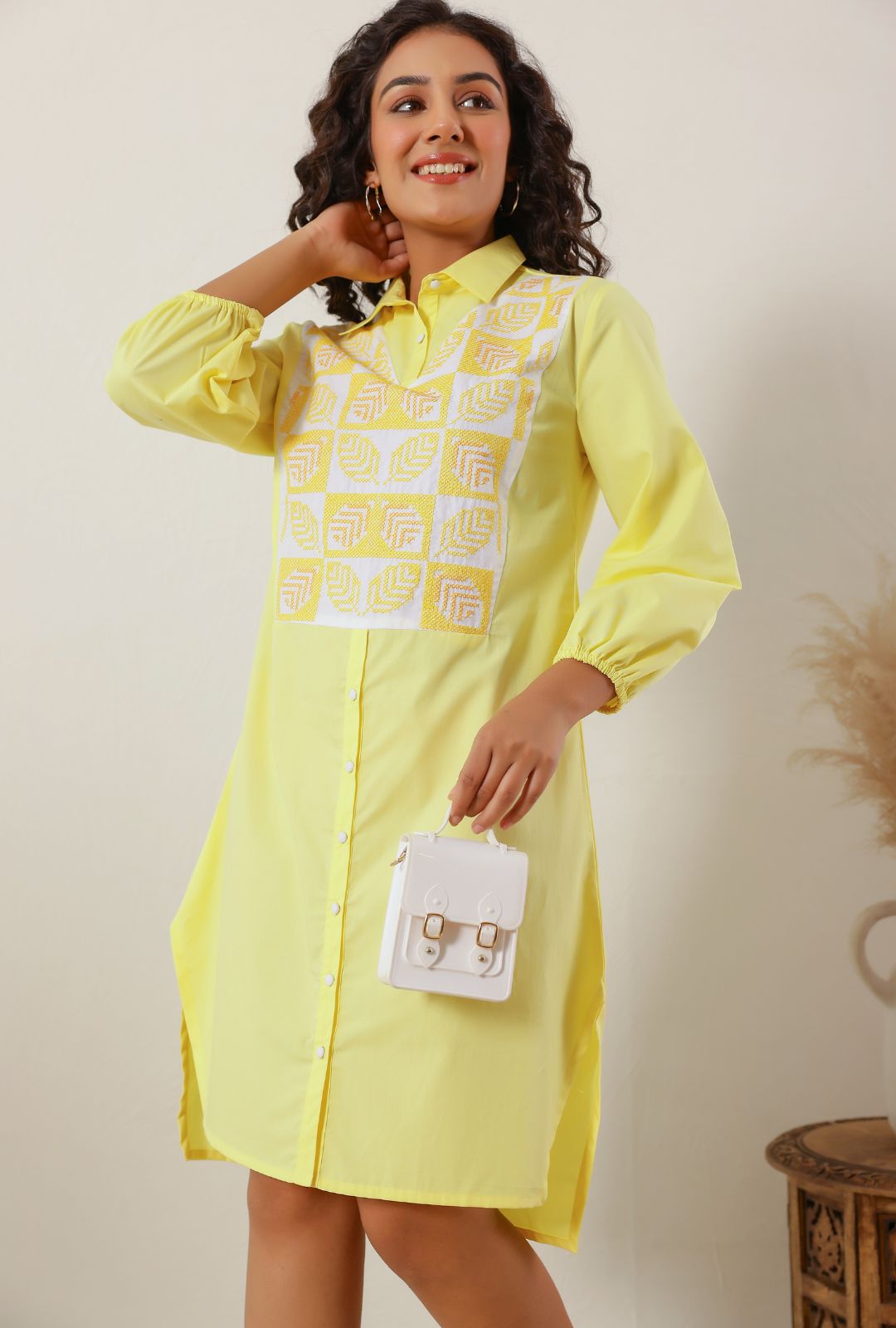 Sunshine Yellow Cotton Embroidered Shirt Dress