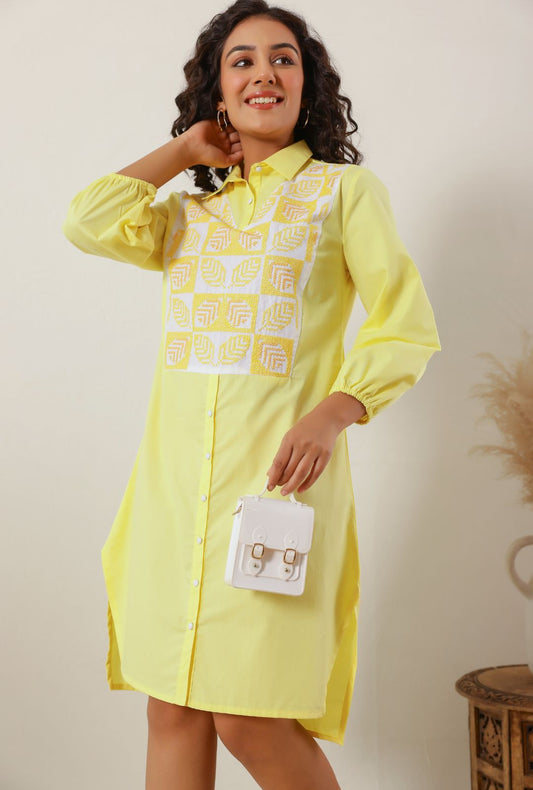 Sunshine Yellow Cotton Embroidered Shirt Dress
