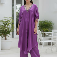 Stylish Satin V-neck Purple Co-ord Set