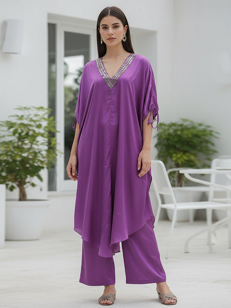 Stylish Satin V-neck Purple Co-ord Set