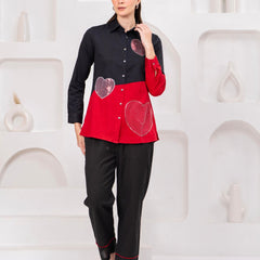 Trendy Black Red Color Block Heart Design Shirt