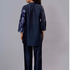 Stylish Navy Blue Satin Tie-Dye Embroidered Co-Ord Set