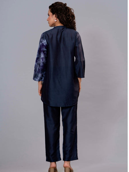 Stylish Navy Blue Satin Tie-Dye Embroidered Co-Ord Set