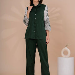 Elegant Dark Green Co-Ord Set With Printed Sleeves