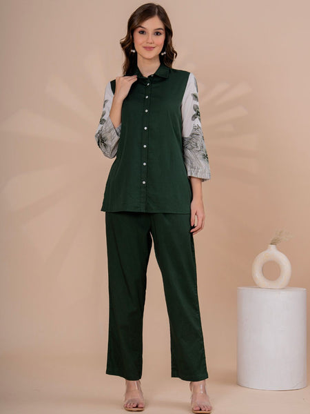 Elegant Dark Green Co-Ord Set With Printed Sleeves