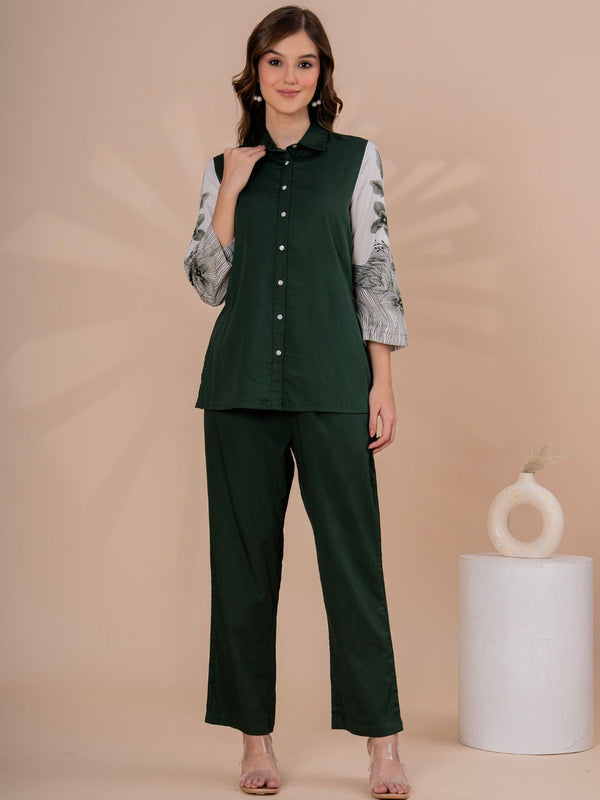 Elegant Dark Green Co-Ord Set With Printed Sleeves