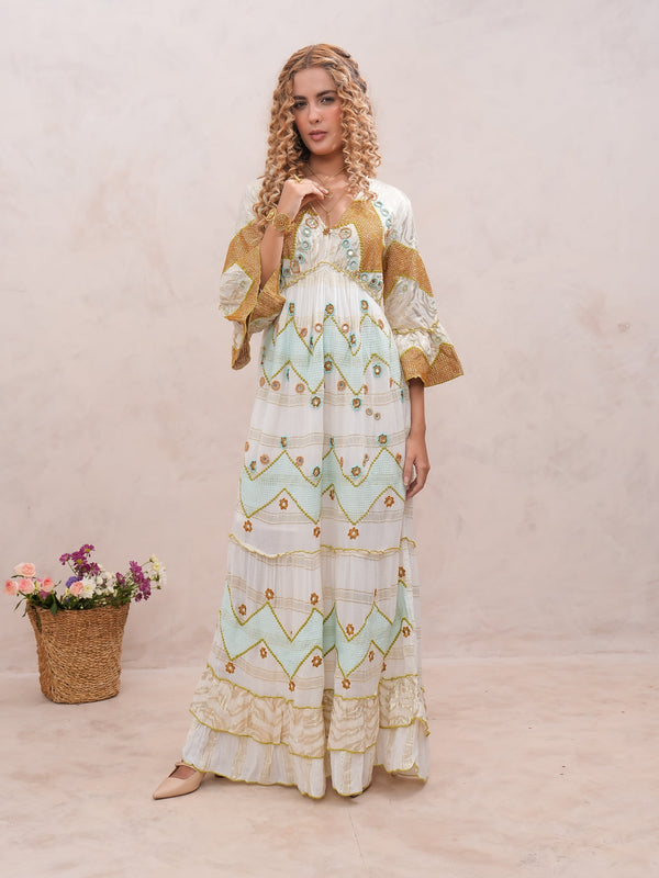 Women’s Cream Viscose Embroidered Maxi Dress