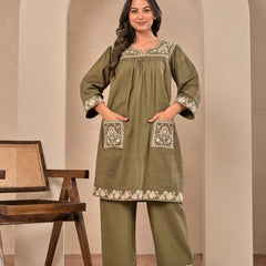 Elegant Olive Green Cotton Embroidered Kurta Set
