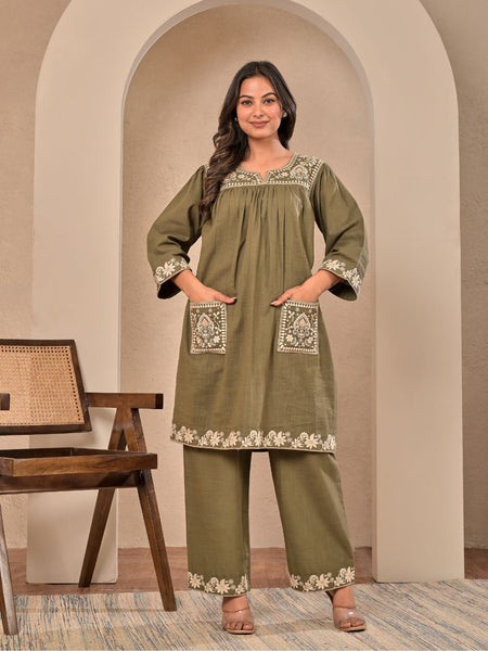 Elegant Olive Green Cotton Embroidered Kurta Set