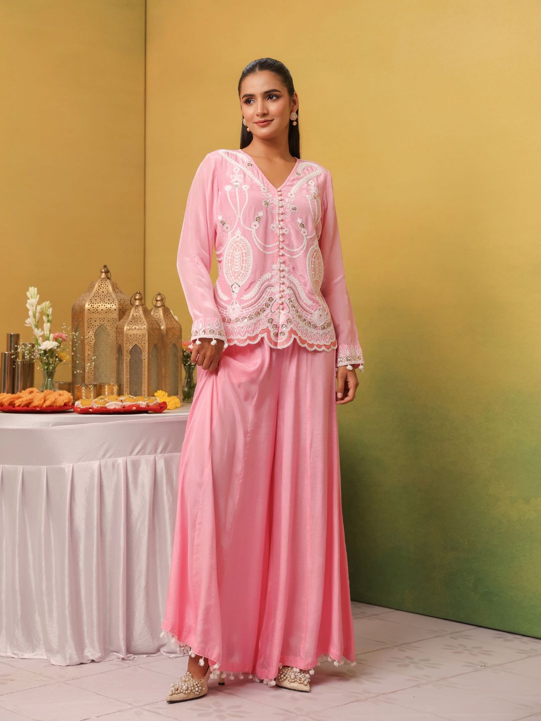 Pink Crepe Embroidered Top with Shantoon Palazzo Set