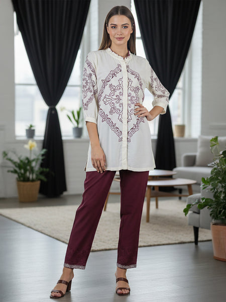 Elegant Off-White & Maroon Embroidered Rayon Co-ord Set
