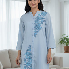 Light Blue Embroidered Cotton Shirt Dress