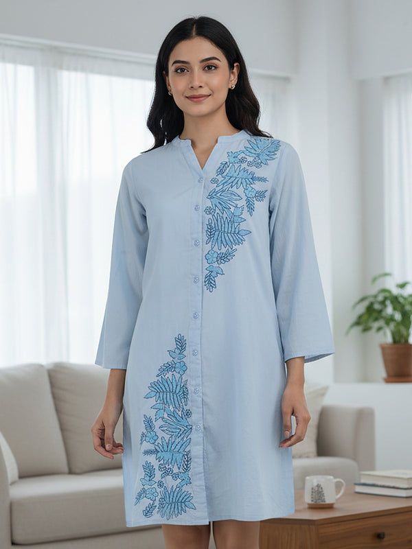 Light Blue Embroidered Cotton Shirt Dress