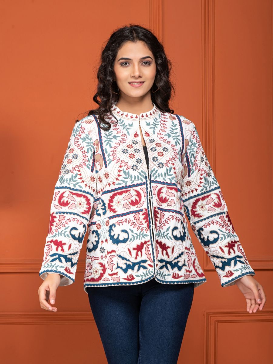 White Cotton Embroidered Short Jacket