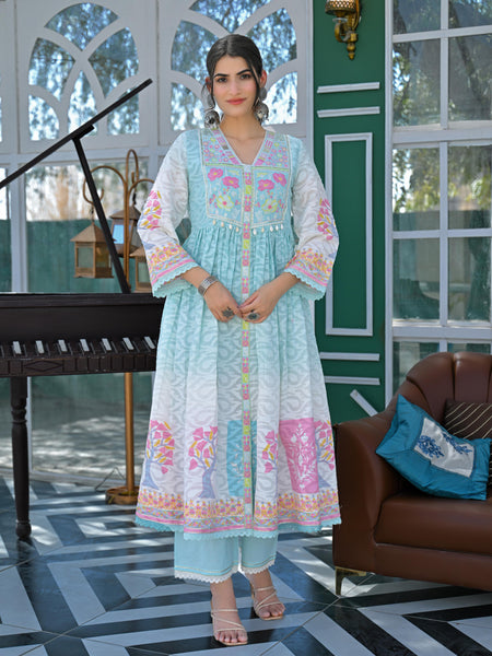 Light Blue Floral Embroidered Anarkali Suit Set