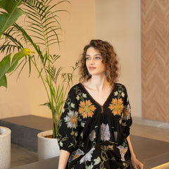 Black Cotton Embroidered Midi Dress with V-Neck & Elbow Sleeves