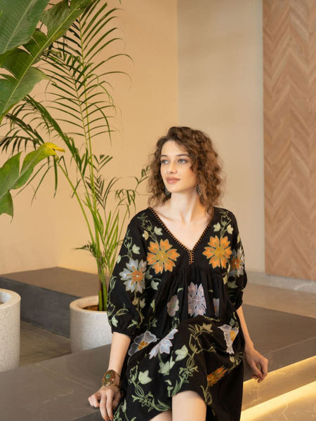Black Cotton Embroidered Midi Dress with V-Neck & Elbow Sleeves