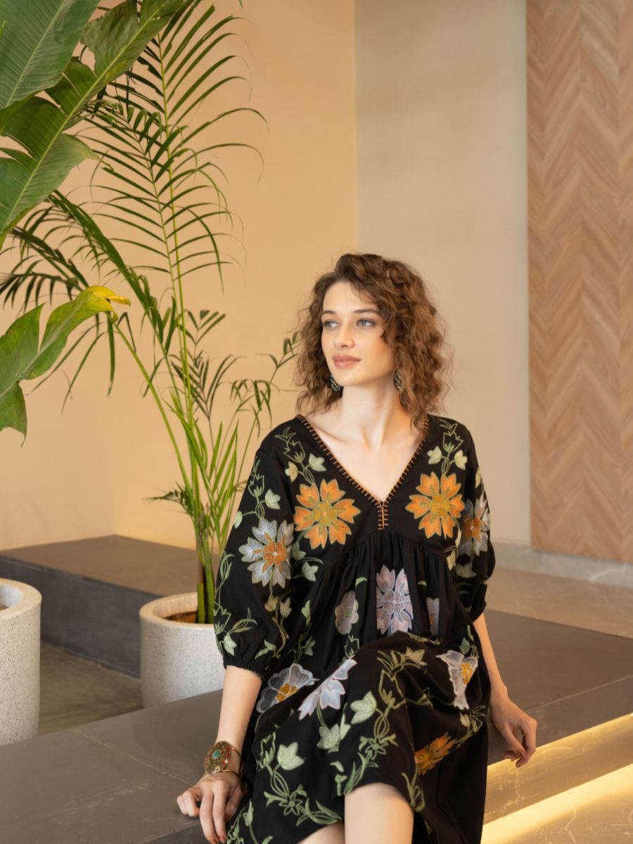 Black Cotton Embroidered Midi Dress with V-Neck & Elbow Sleeves