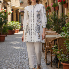 White Cotton Full Sleeves Embroidered Co-ord Set