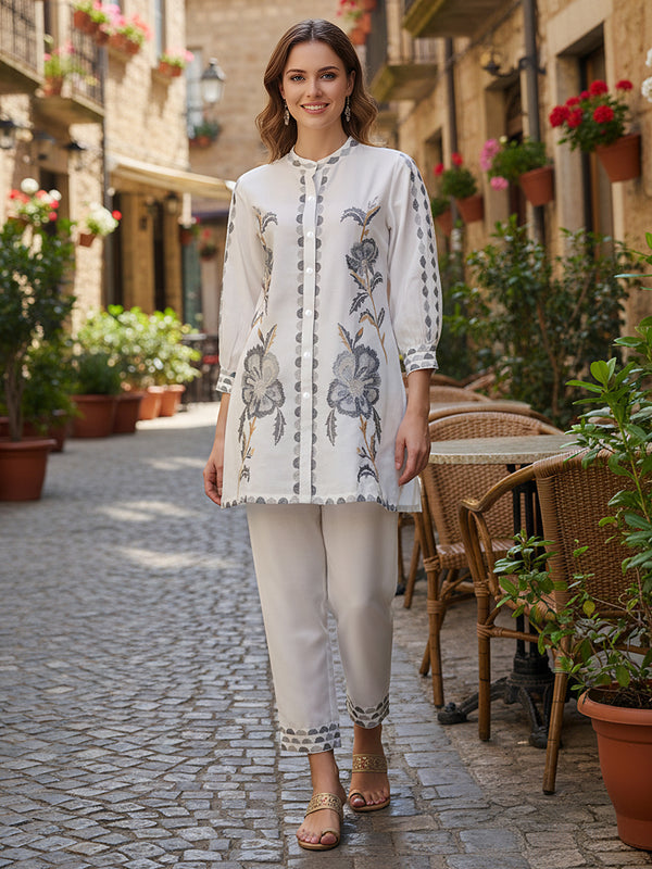 White Cotton Full Sleeves Embroidered Co-ord Set