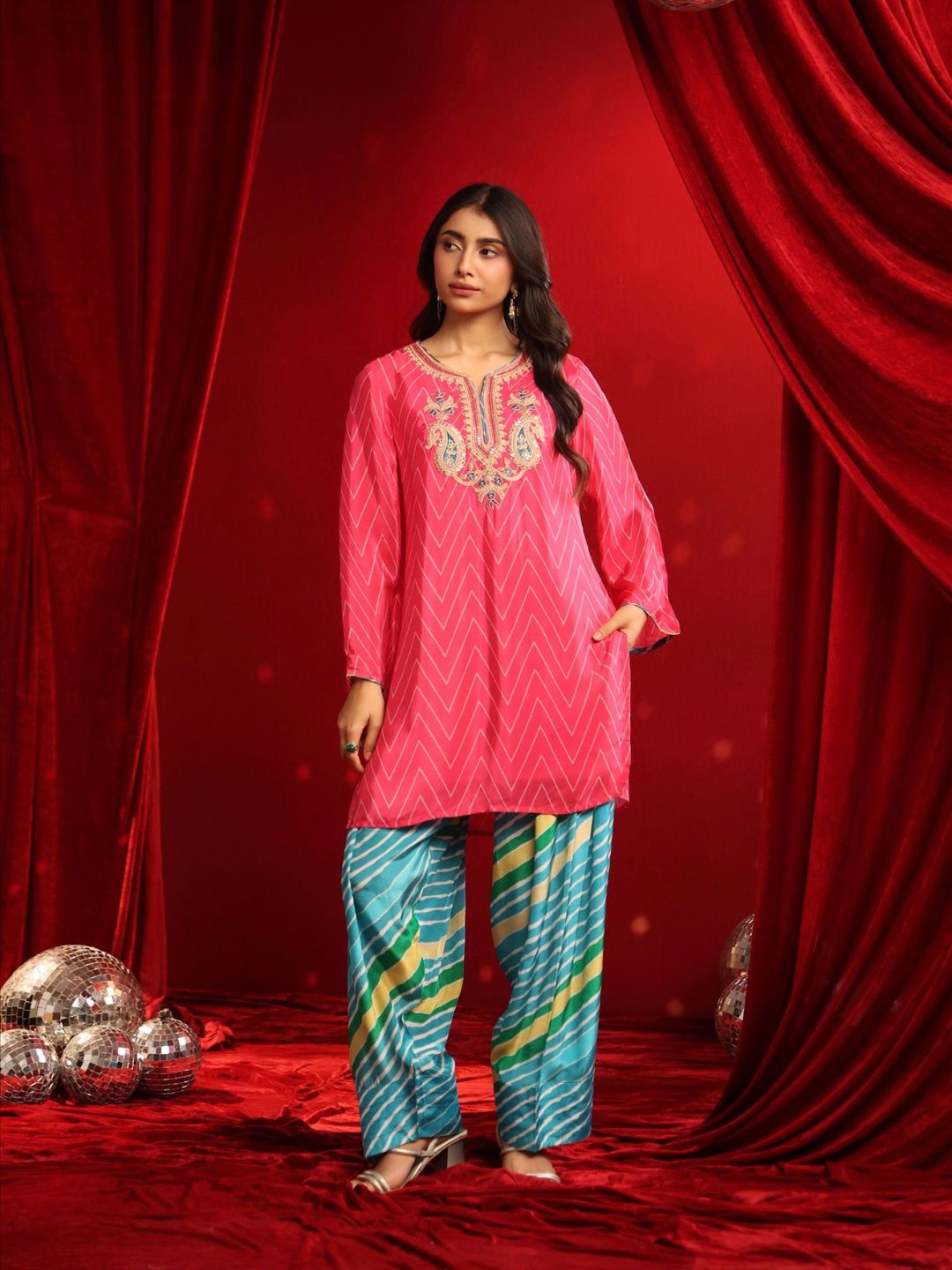 Fuchsia Teal Crepe Embroidered Kurta with Farshi Salwar Set