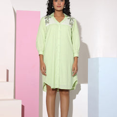 Pastel Green Sequined Work Shirt Dress