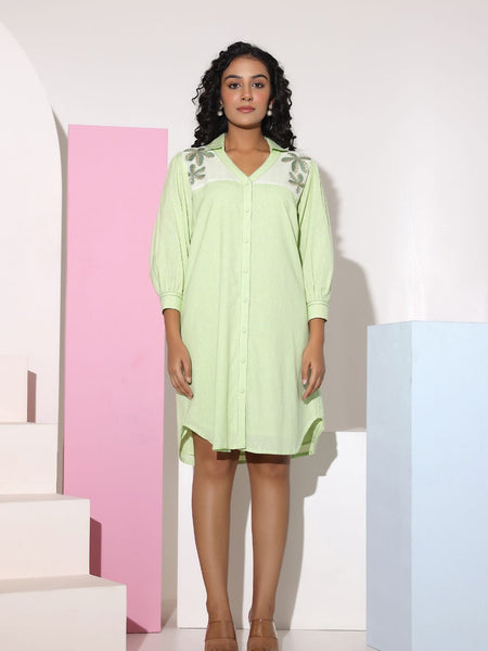 Pastel Green Sequined Work Shirt Dress