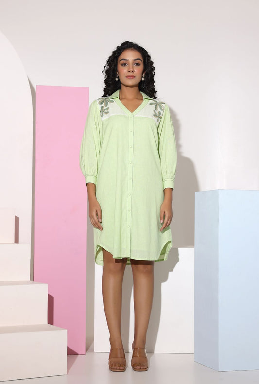 Pastel Green Sequined Work Shirt Dress