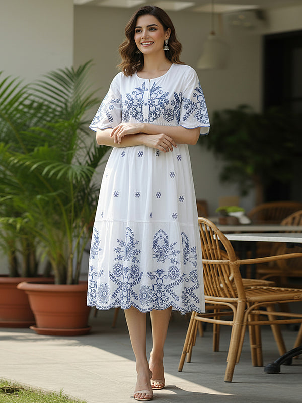 Flawless White Embroidered Cotton Midi Dress