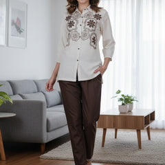 Beige Blossom Floral Embroidered Cotton Co-ord Set