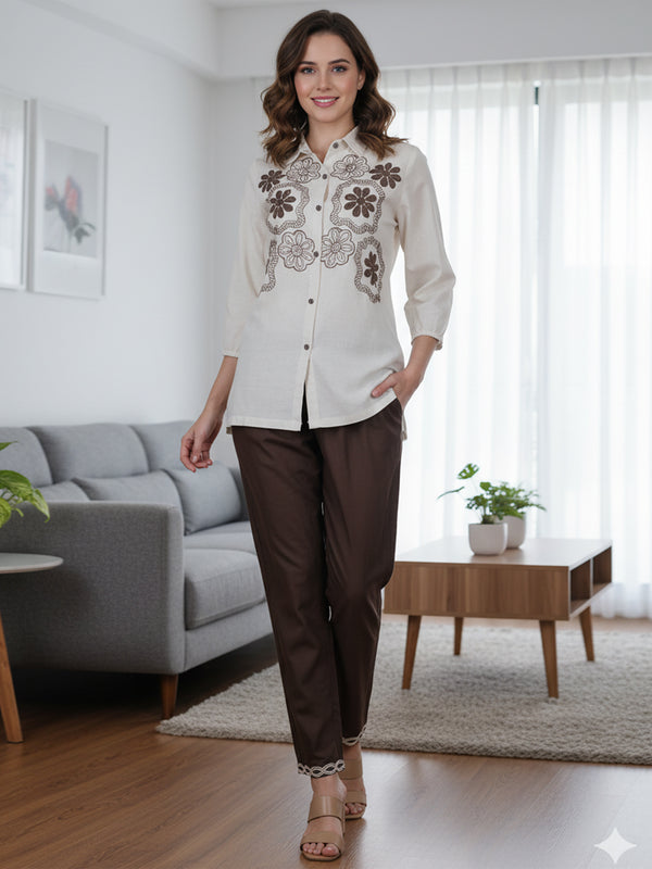 Beige Blossom Floral Embroidered Cotton Co-ord Set