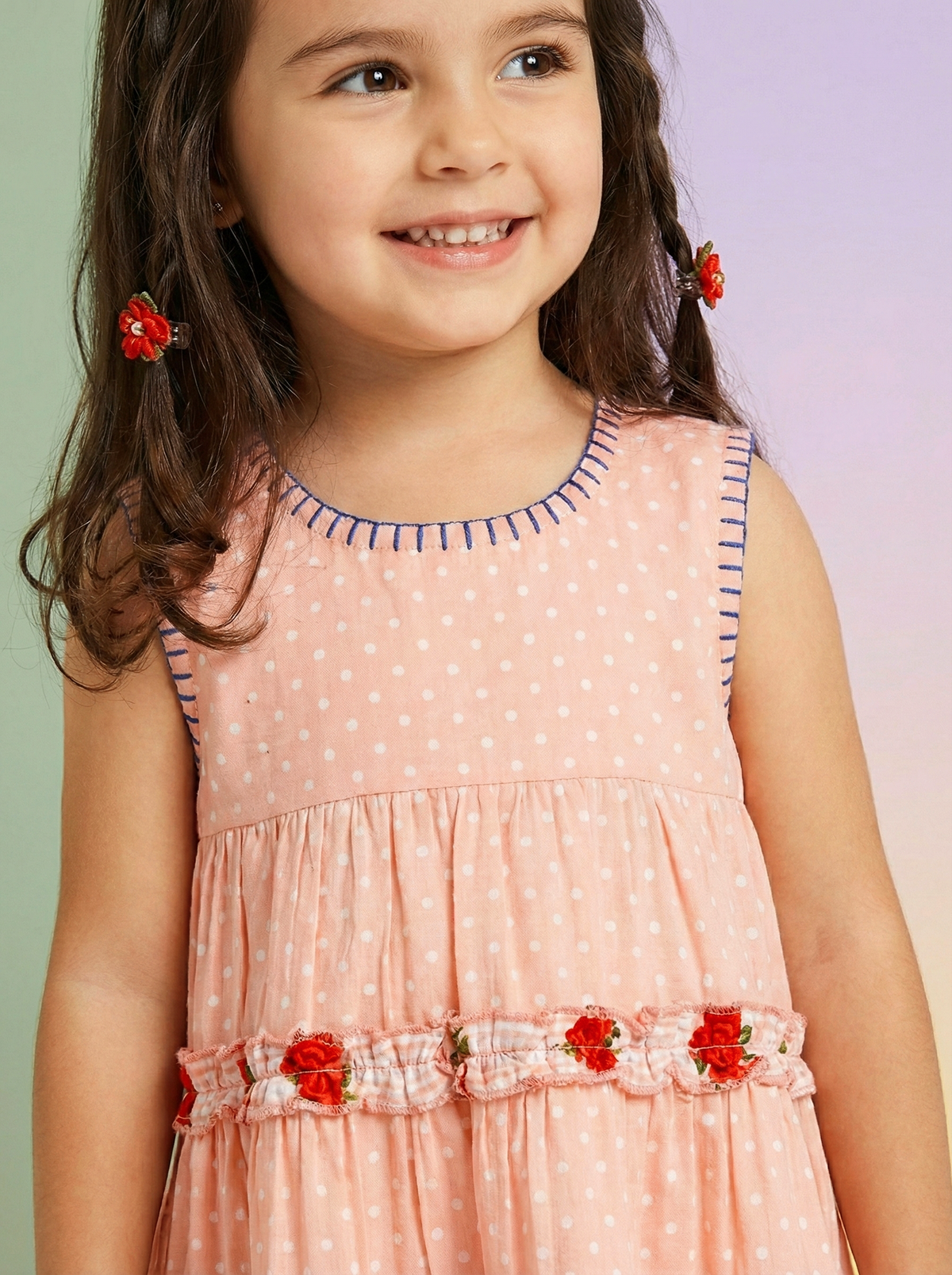 Girls Peach Pink Polka Dot Floral Printed Sleeveless Fit & Flare Dress